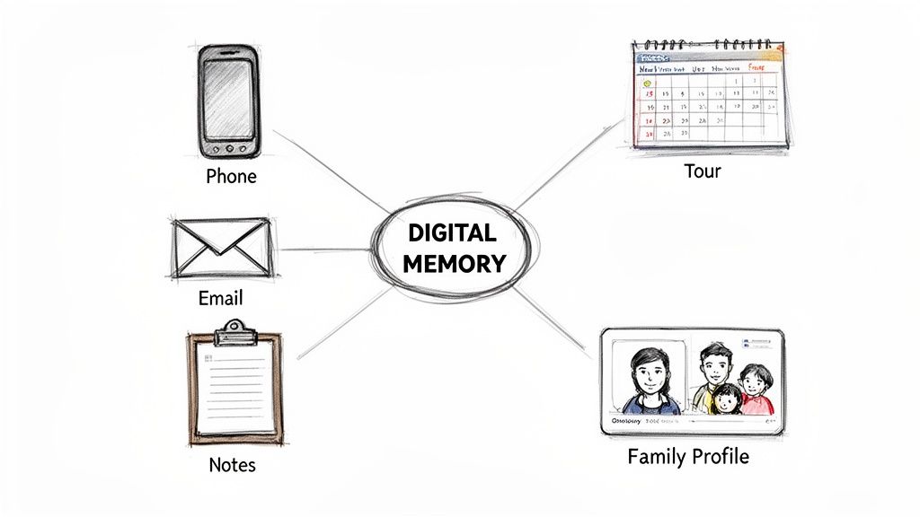 A concept map illustrating 'Digital Memory' connected to a phone, email, notes, calendar, and family profile.