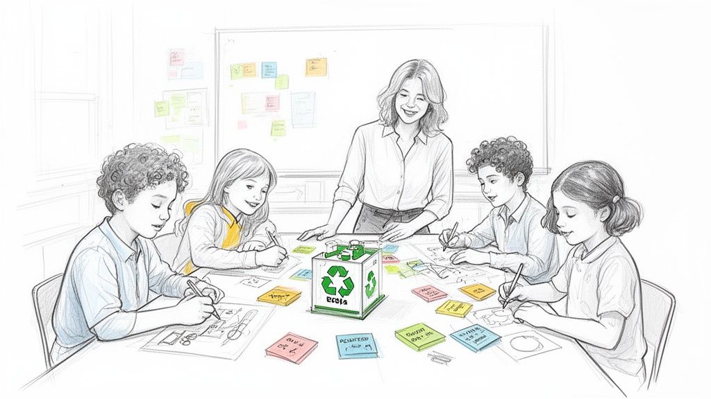 A teacher guides diverse students drawing ideas around a recycling box in a classroom.