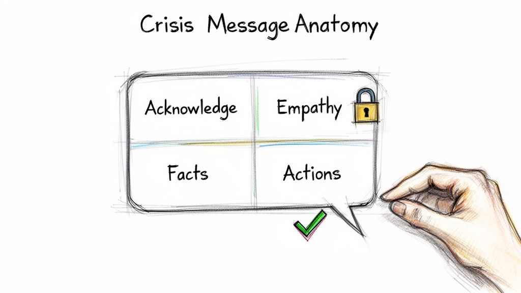 A diagram illustrates the Crisis Message Anatomy with four key components: Acknowledge, Empathy, Facts, and Actions.