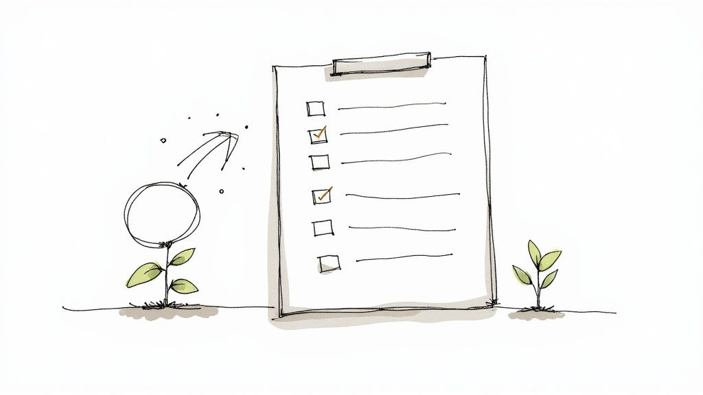 Hand-drawn illustration of a plant growing with an idea bubble, next to a checklist with two items completed, symbolizing growth and progress.