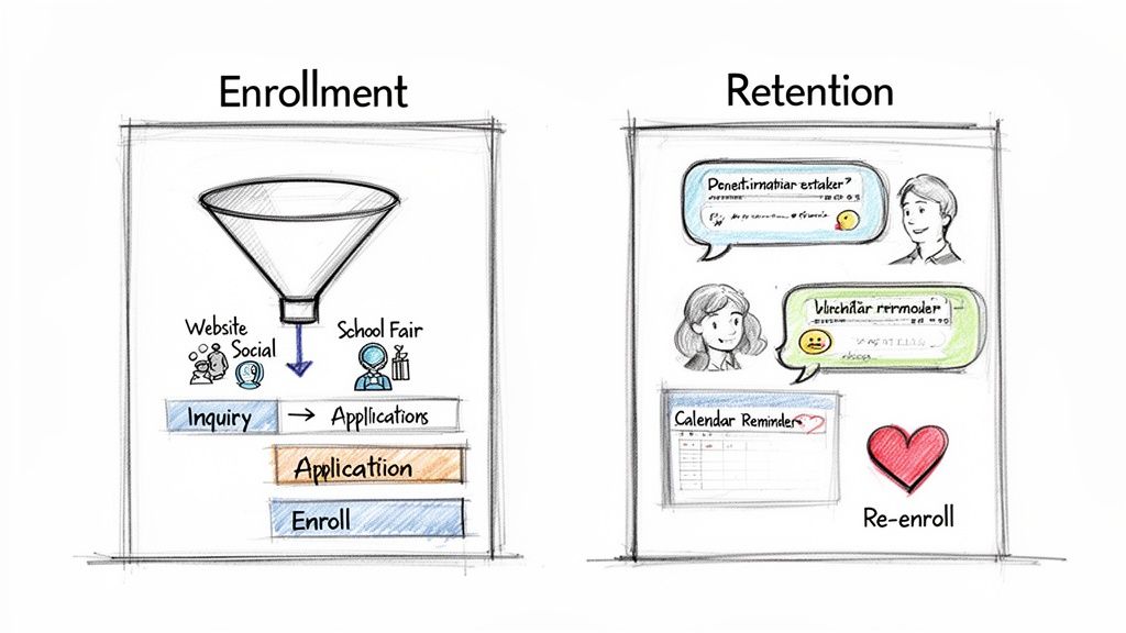A dual diagram illustrating enrollment and student retention processes for educational institutions, showing lead generation, applications, and re-enrollment strategies.