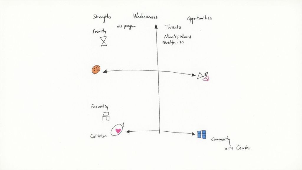 Hand-drawn SWOT analysis diagram showing strengths, weaknesses, opportunities, and threats with strategic planning icons