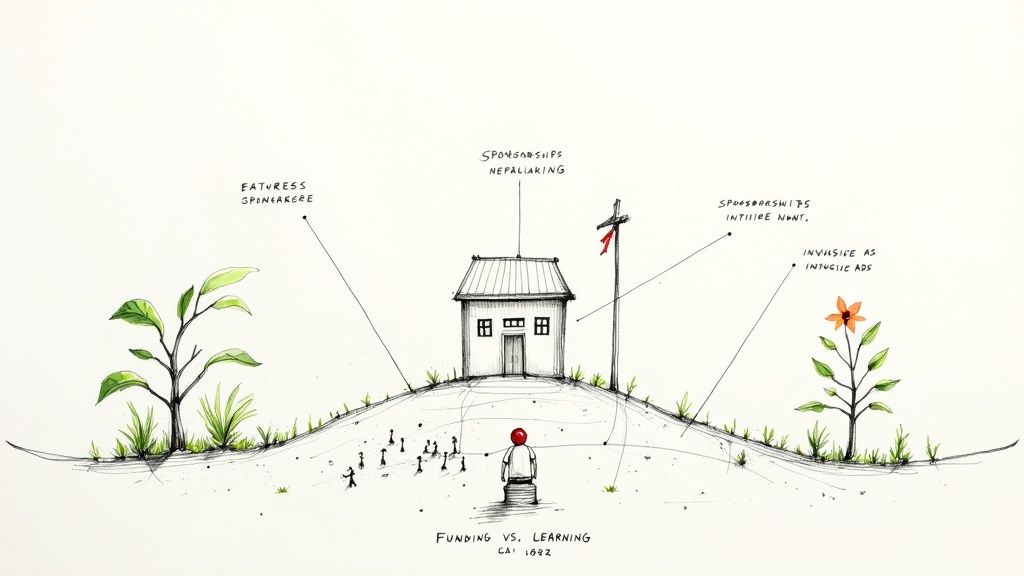 Drawing illustrating the conflict between education funding sources like sponsorships and advertising, and learning.