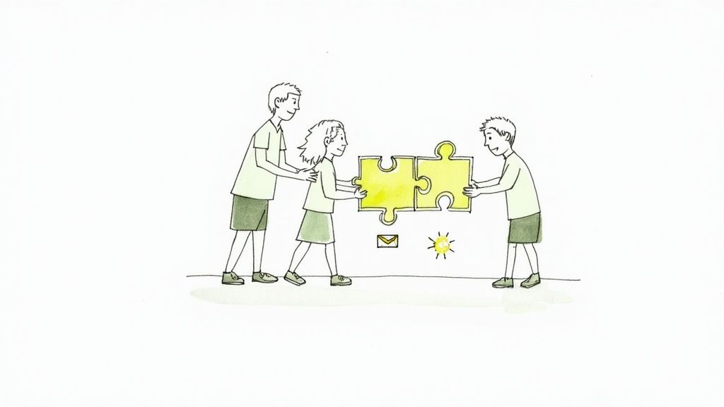 A teacher and parent smiling and shaking hands across a desk.
