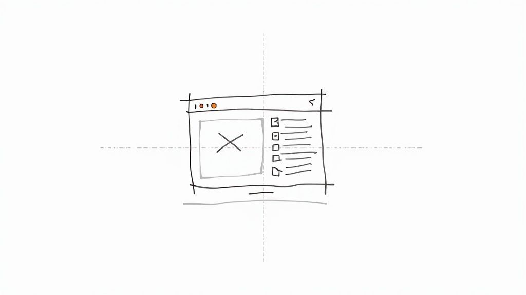 A hand-drawn web browser wireframe showing a main content area with an 'X' and a checklist sidebar.