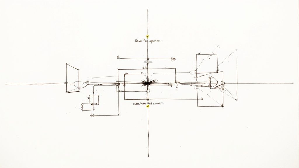 Hand-drawn conceptual diagram with a central star, connecting lines, and geometric shapes on a white background.