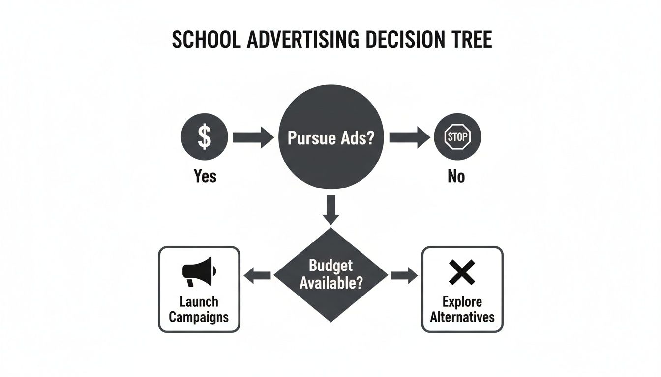 A decision tree flowchart illustrating the process for school advertising, from pursuing ads to launching campaigns.