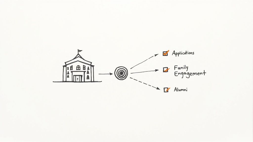 School building diagram showing three focus areas: applications, family engagement, and alumni tracking