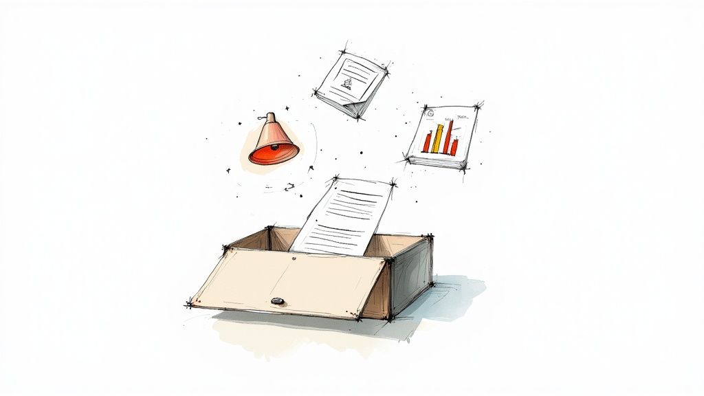 A collection of tools like a magnifying glass, a checklist, and a shield, symbolizing a crisis management toolkit.