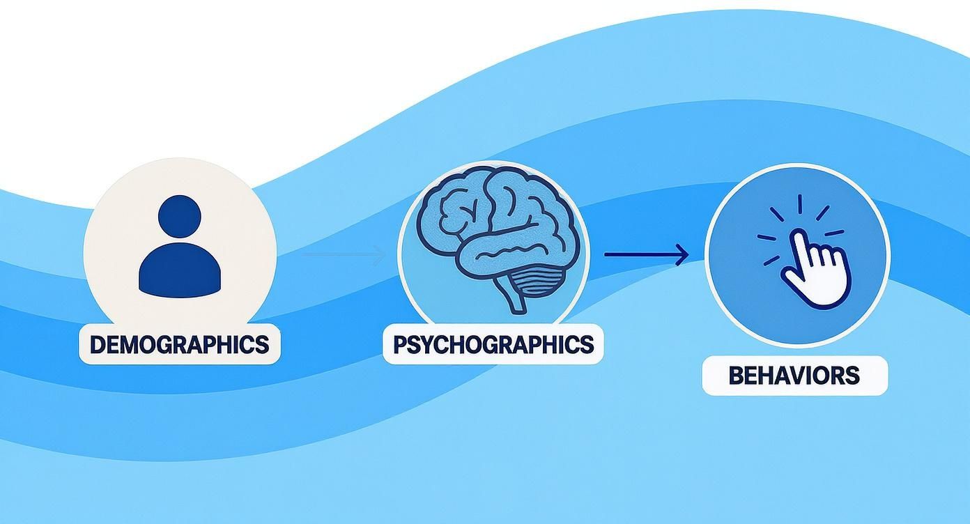 Diagram showing a progression from demographics to psychographics to behaviors with corresponding icons.
