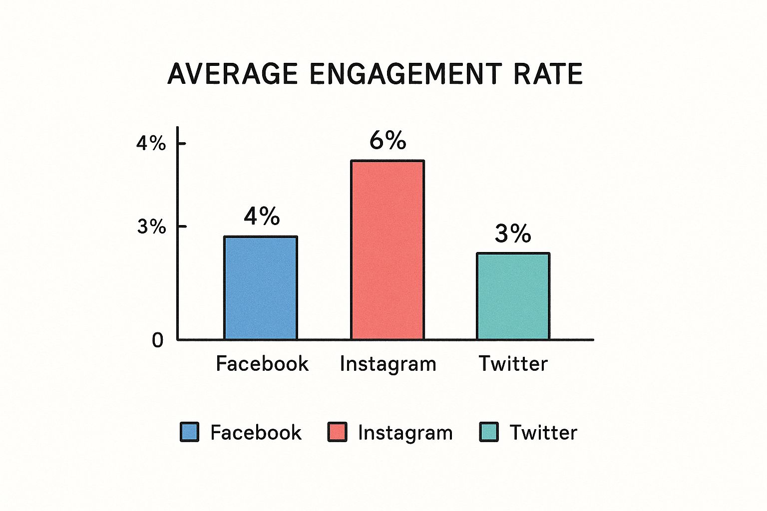 Infographic showing a bar chart comparing engagement rates for Facebook (4%), Instagram (6%), and Twitter (3%).