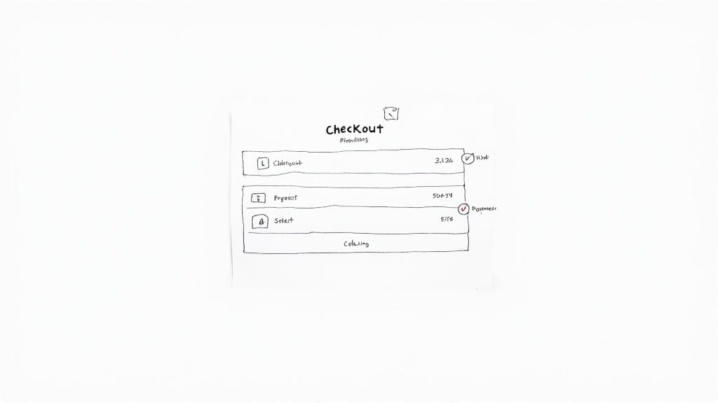 Hand-drawn sketch of a checkout screen with options for 'Clean out', 'Express', and 'Select' stages.