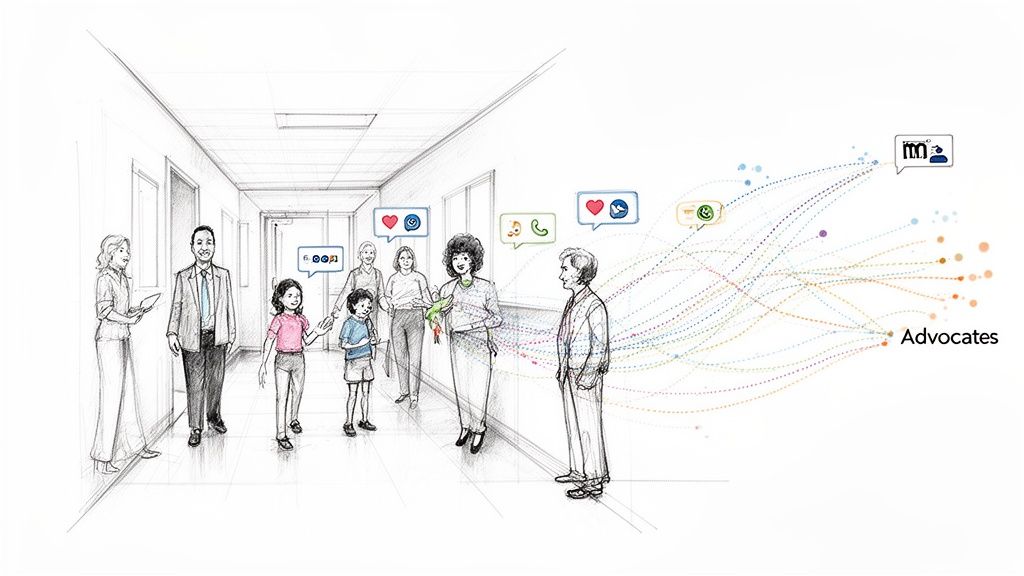 Digital sketch of adults and children in a building with communication symbols leading to 'Advocates'.