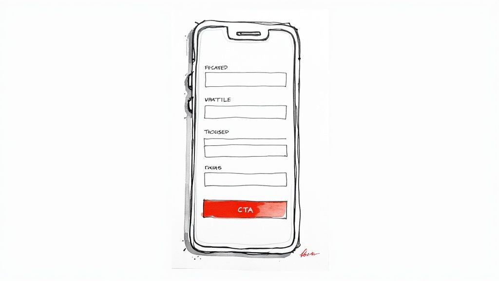 A hand-drawn smartphone displaying a form with multiple text input fields and a red 'CTA' button.
