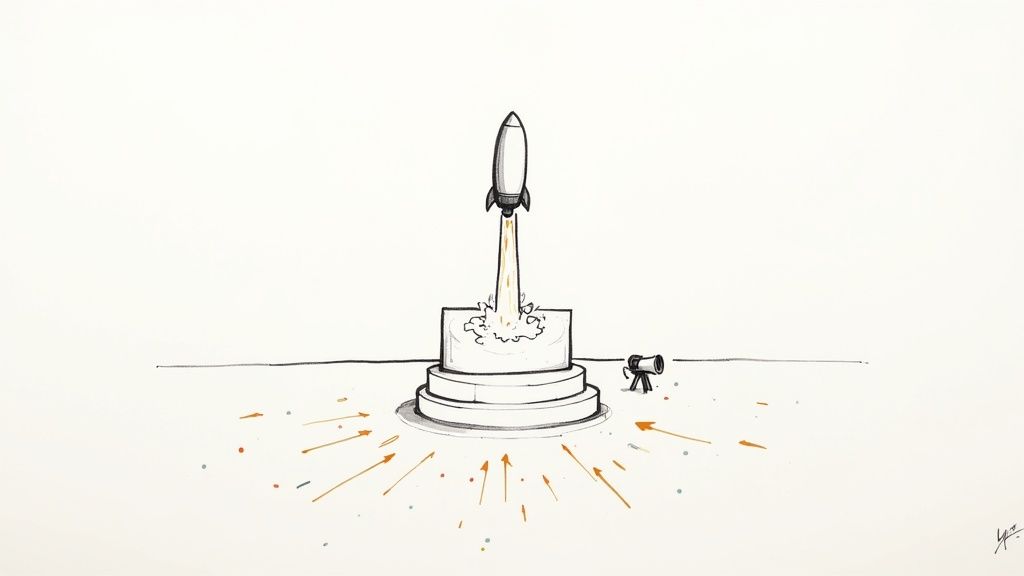 A rocket launching from a tiered cake, surrounded by attention-grabbing arrows and a megaphone.