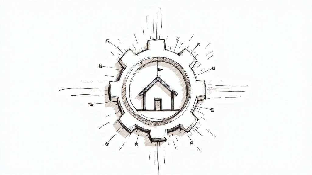Illustration of gears and code overlaying a website, symbolizing the technical aspects of SEO.