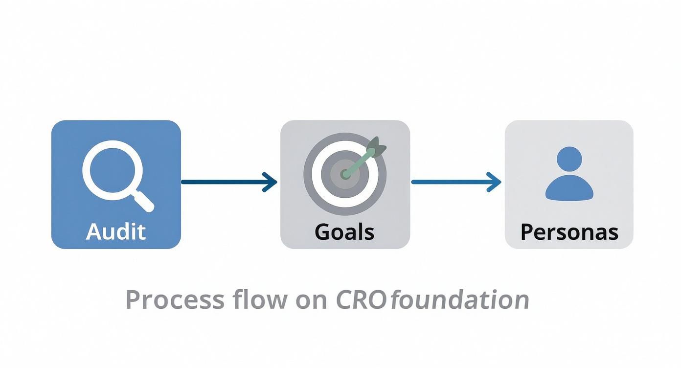 Process flow for Conversion Rate Optimization (CRO) foundation, featuring Audit, Goals, and Personas steps.
