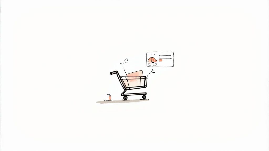 Hand-drawn illustration of a shopping cart with packages, a thought bubble, and a clock icon.