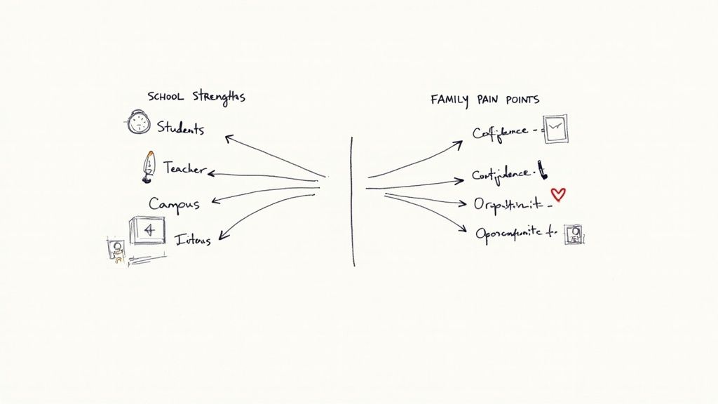 A hand-drawn diagram illustrating school strengths connecting to family pain points like confidence and opportunity.