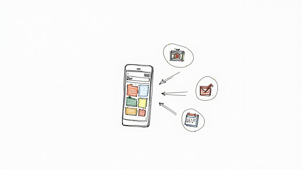 A school communications professional uses a laptop and smartphone to manage social media and website content.