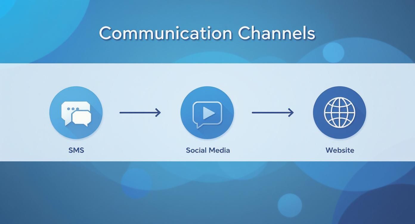 Infographic showing the crisis communication channel flow from SMS to Social Media to the Website.