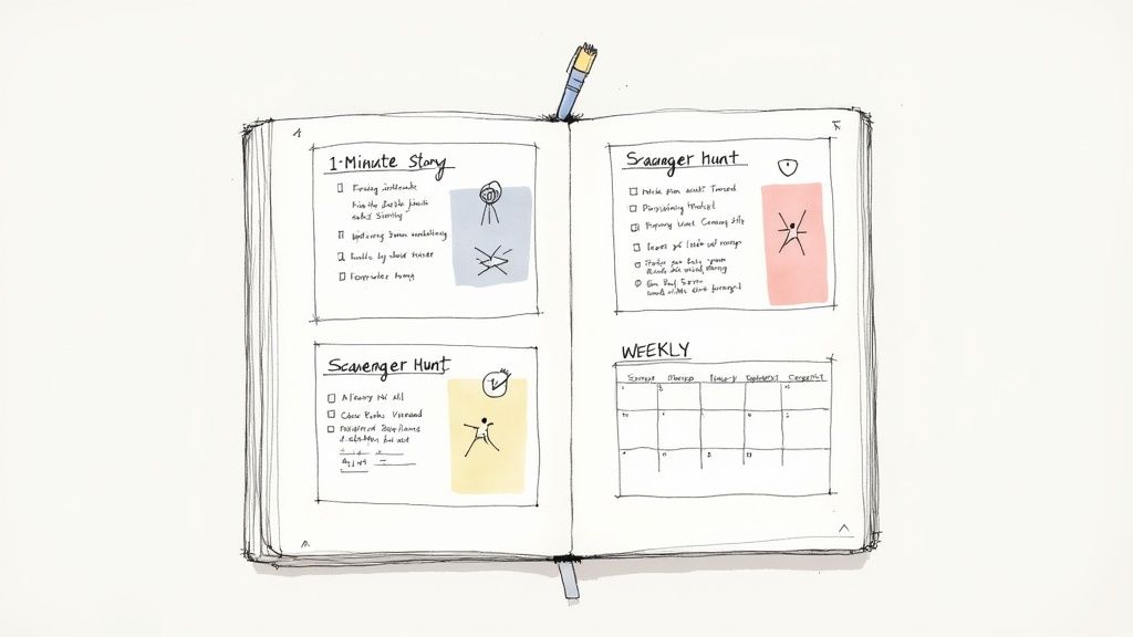 An open, hand-drawn notebook with creative prompts for storytelling, scavenger hunts, and a weekly planner.