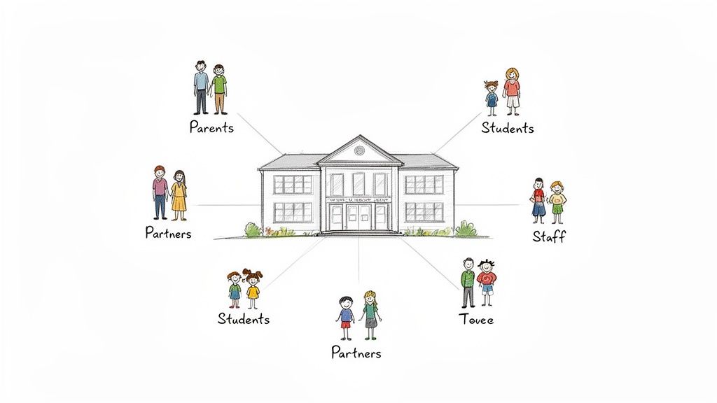 A diagram showing a school building connected to various community groups: parents, students, staff, partners, and Tovee.