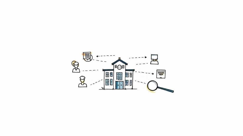Property management illustration showing building connected to tenants, documents, laptop and search tools