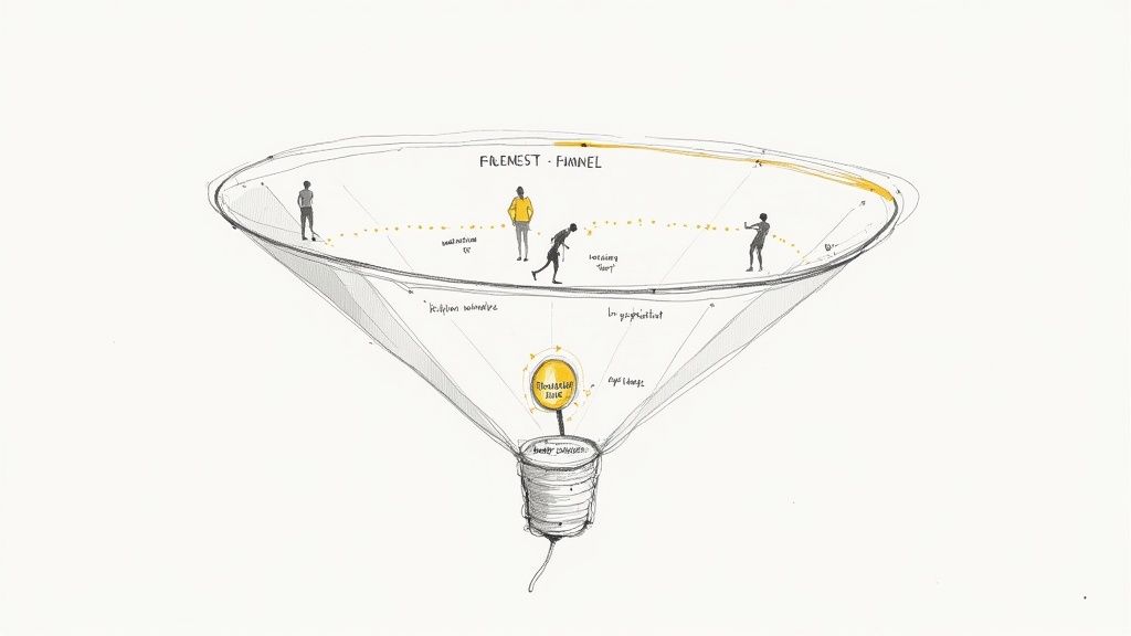 Marketing conversion funnel diagram illustrating customer journey, lead generation, and website optimization stages.