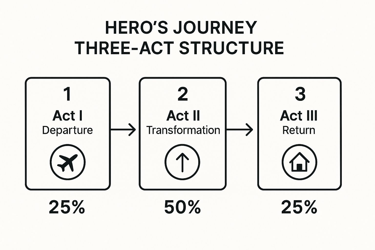 Infographic showing the three-act process flow of the Hero's Journey, with Act I: Departure (25%), Act II: Transformation (50%), and Act III: Return (25%).