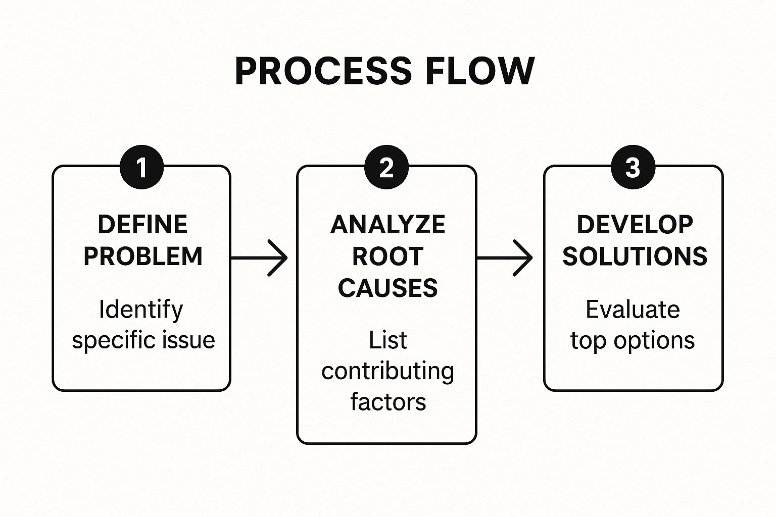 Infographic showing the three-step process for a problem-solution case study presentation: Define Problem, Analyze Root Causes, and Develop Solutions.