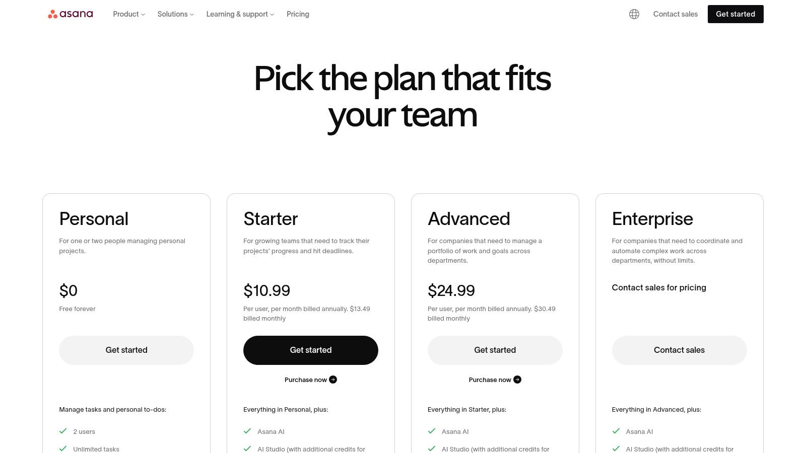 Asana pricing plans and features