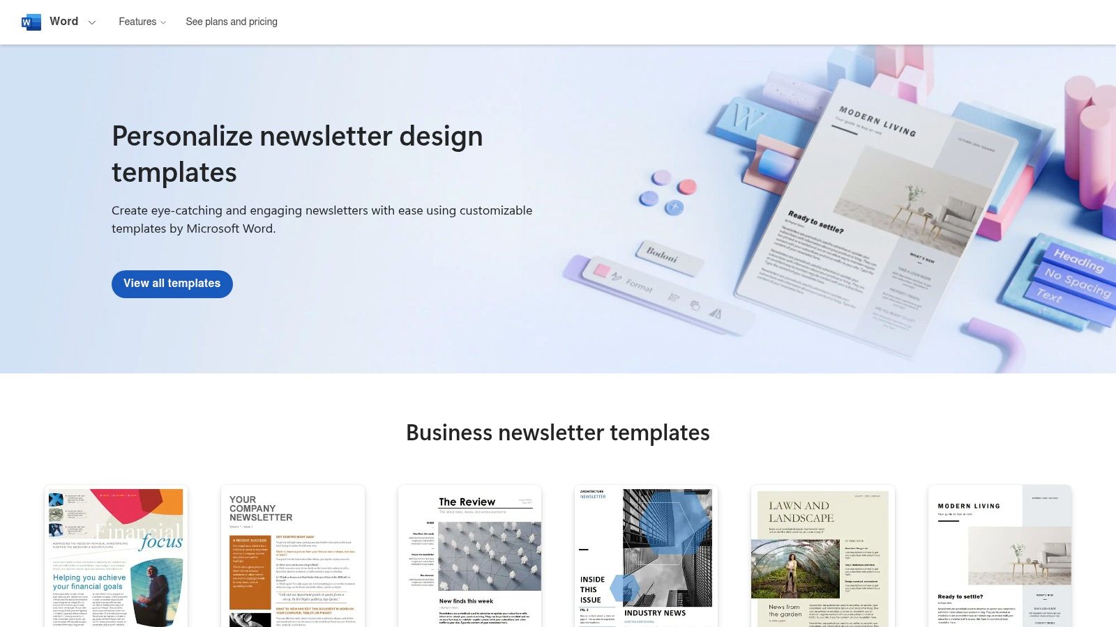 Microsoft Create homepage showcasing a variety of newsletter templates