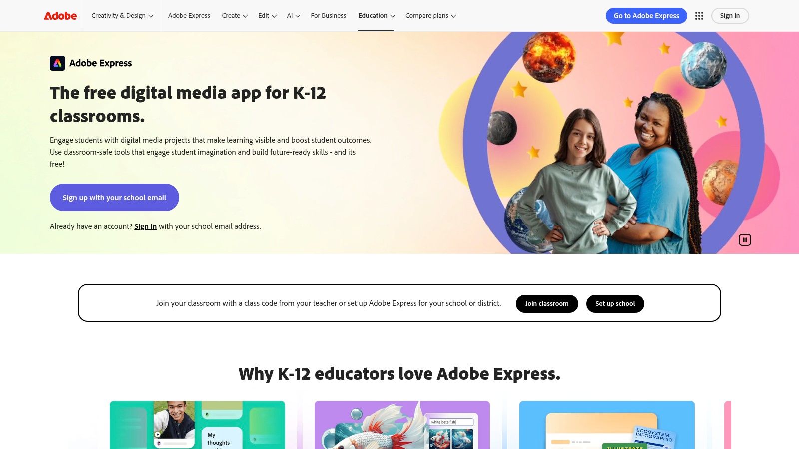 Adobe Express for Education interface showing a newsletter template and design options