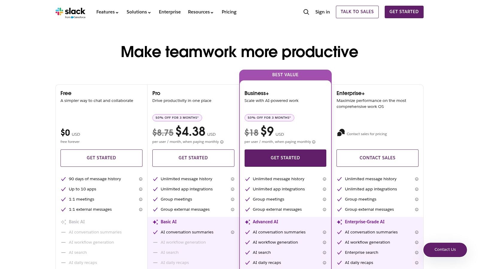 Slack pricing plans and features