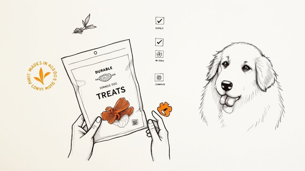 Illustration of hands holding a durable dog treats bag, a happy dog, and product benefits.