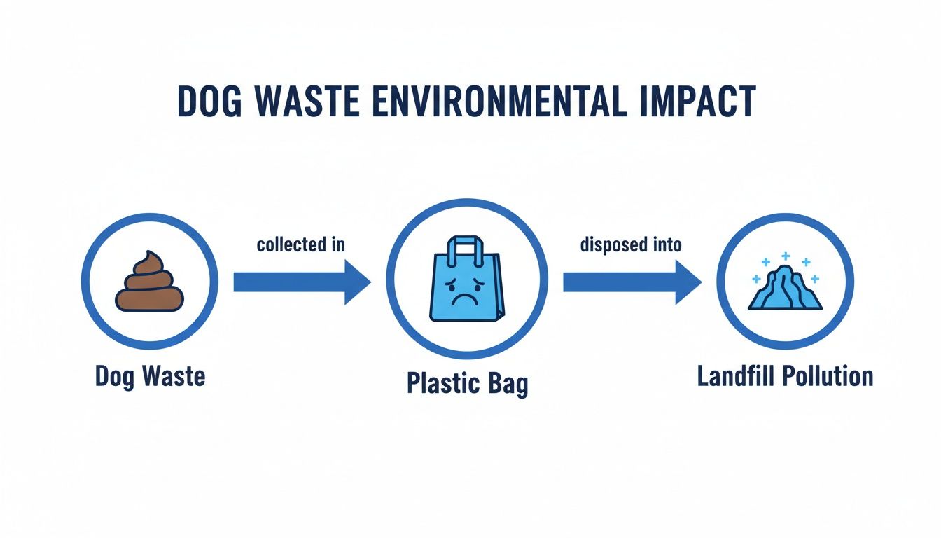 Flowchart illustrating the environmental impact of dog waste, from collection in plastic bags to landfill pollution.