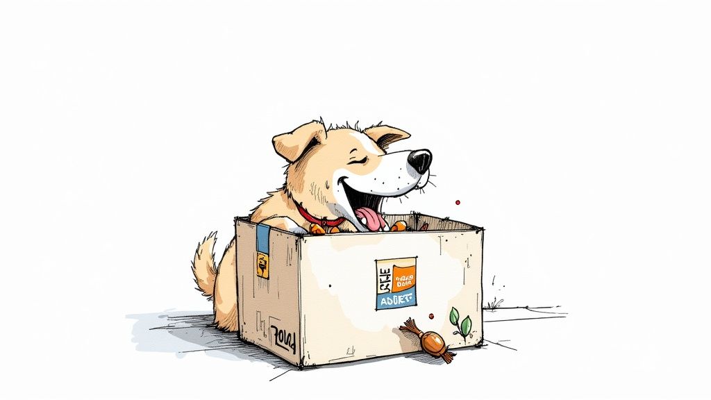 A joyful light brown dog sits in a cardboard box, surrounded by treats, smiling happily.