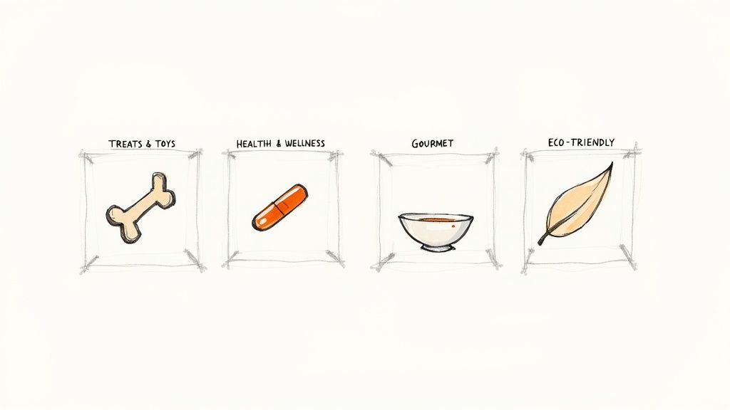 Hand-drawn icons illustrating dog product categories: treats, health, gourmet, and eco-friendly options.