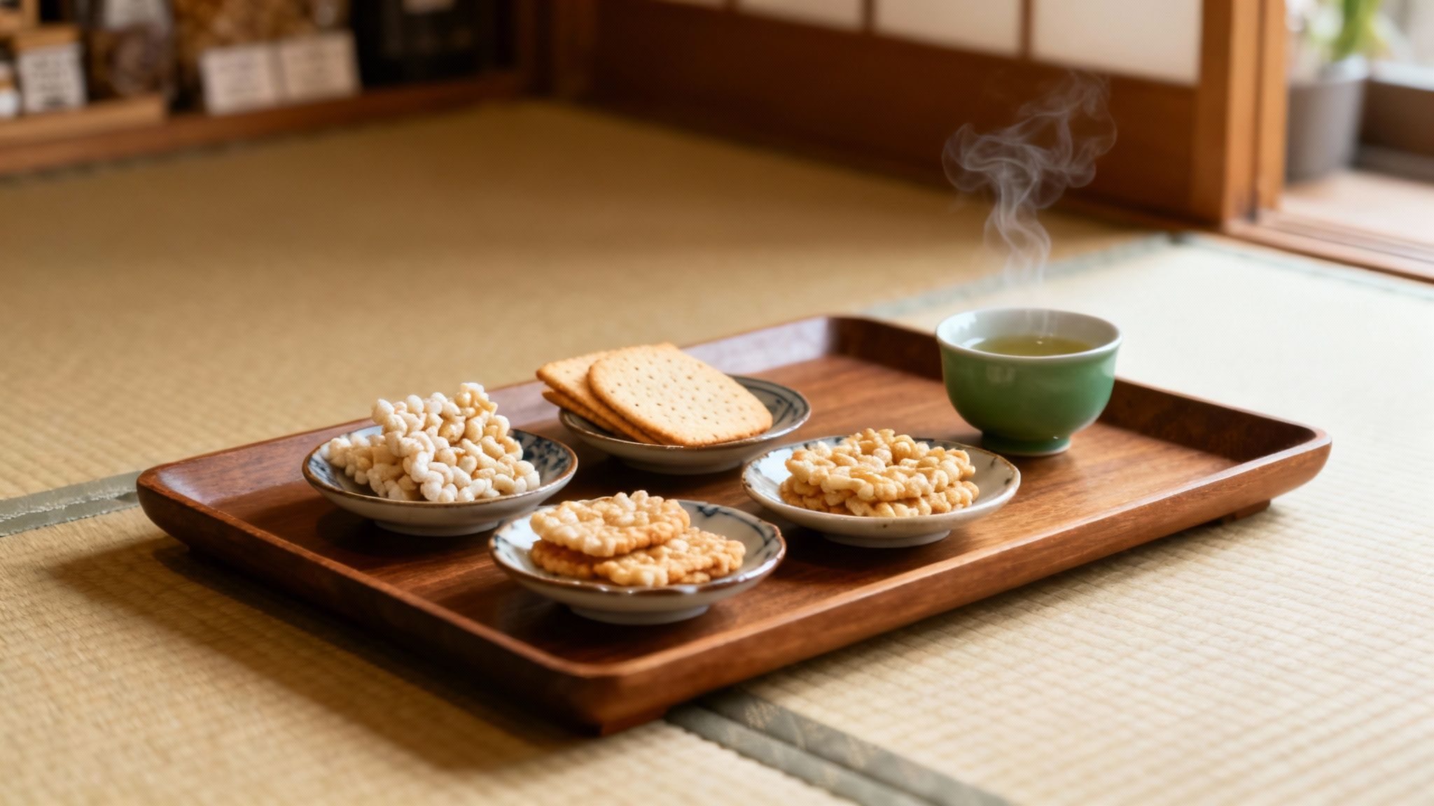 A wooden tray on a tatami mat holds a steaming cup of green tea and assorted Japanese rice crackers.
