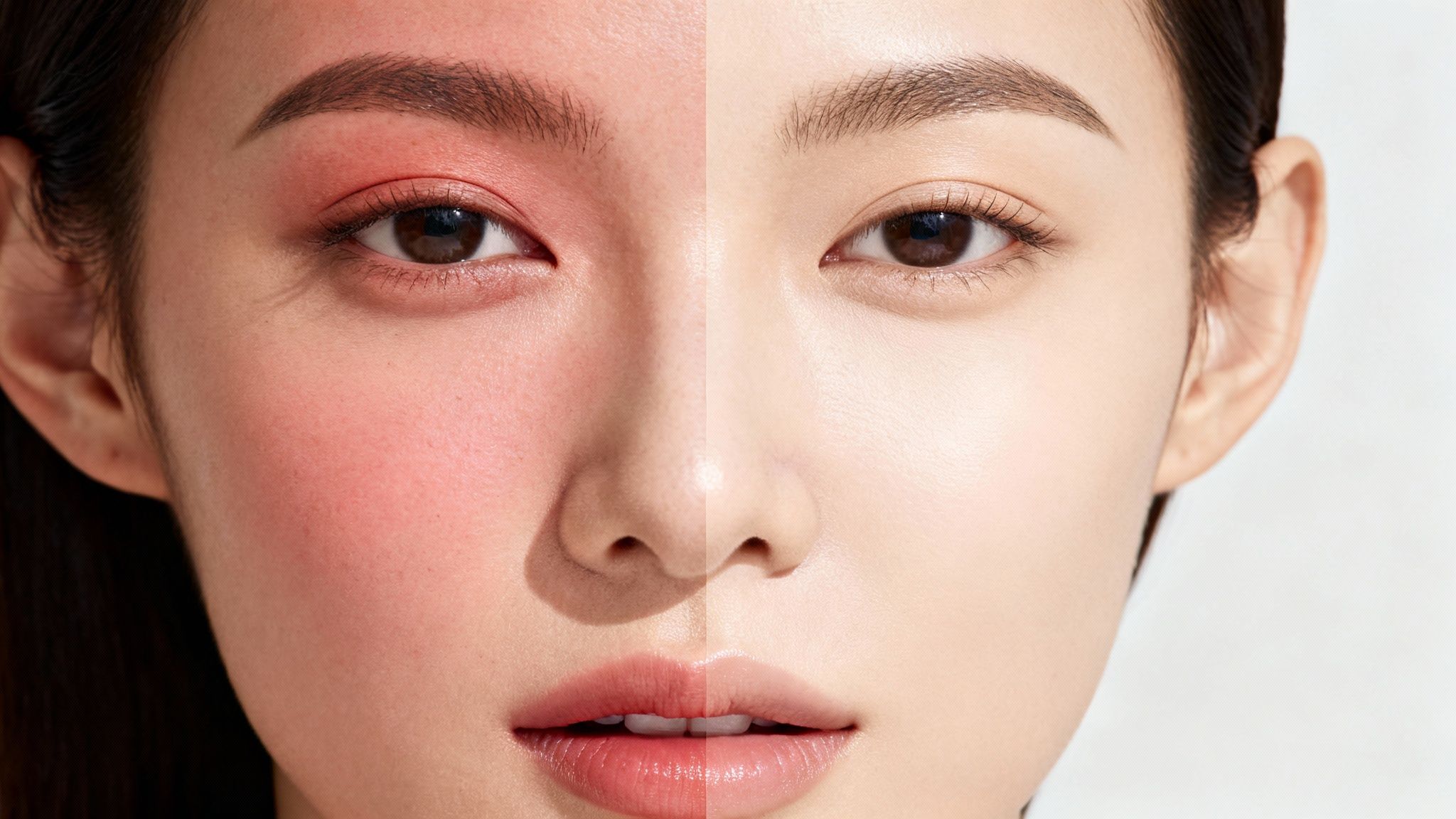 Rostro de mujer mitad rojo e irritado, mitad claro y de tono uniforme, mostrando la transformación de la piel.