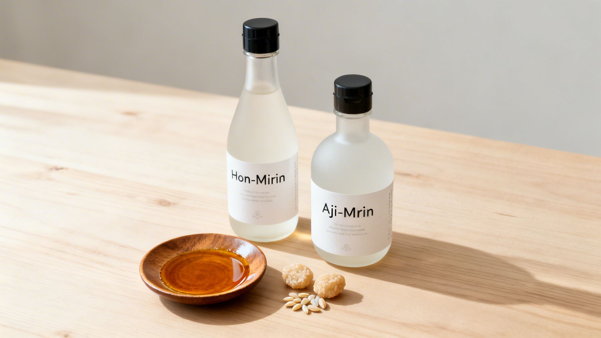 Dwie butelki Hon-Mirin i Aji-Mirin, miska płynu oraz ziarna na drewnianym stole.