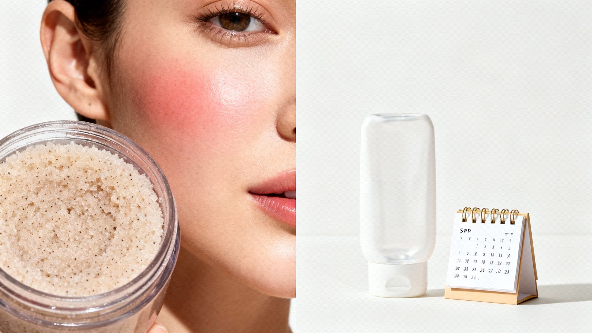 A woman's radiant skin with blush, holding a scrub, next to a skincare bottle and calendar.