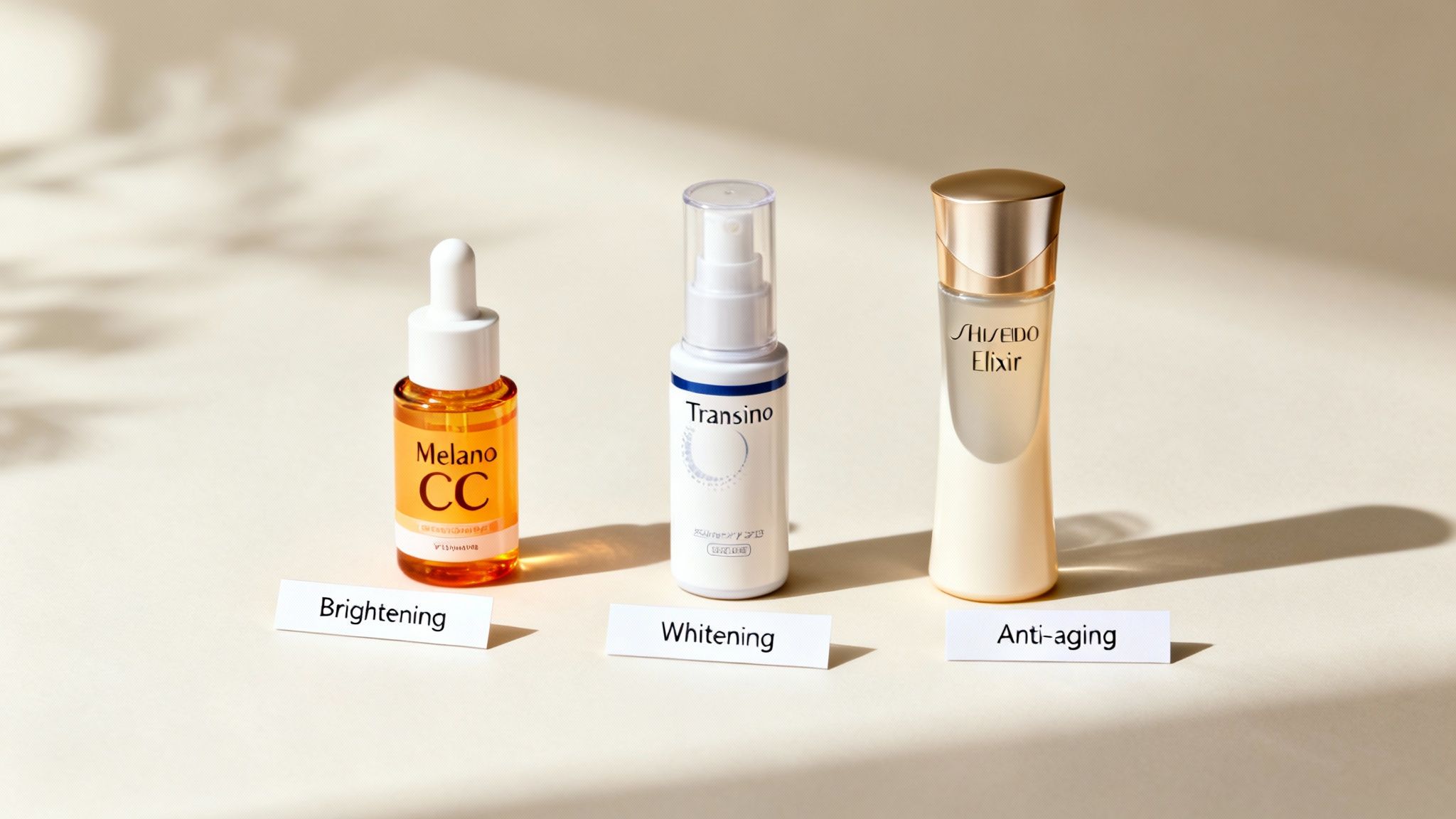 Three different skincare products: Melano CC for brightening, Transino for whitening, and Shiseido Elixir for anti-aging.