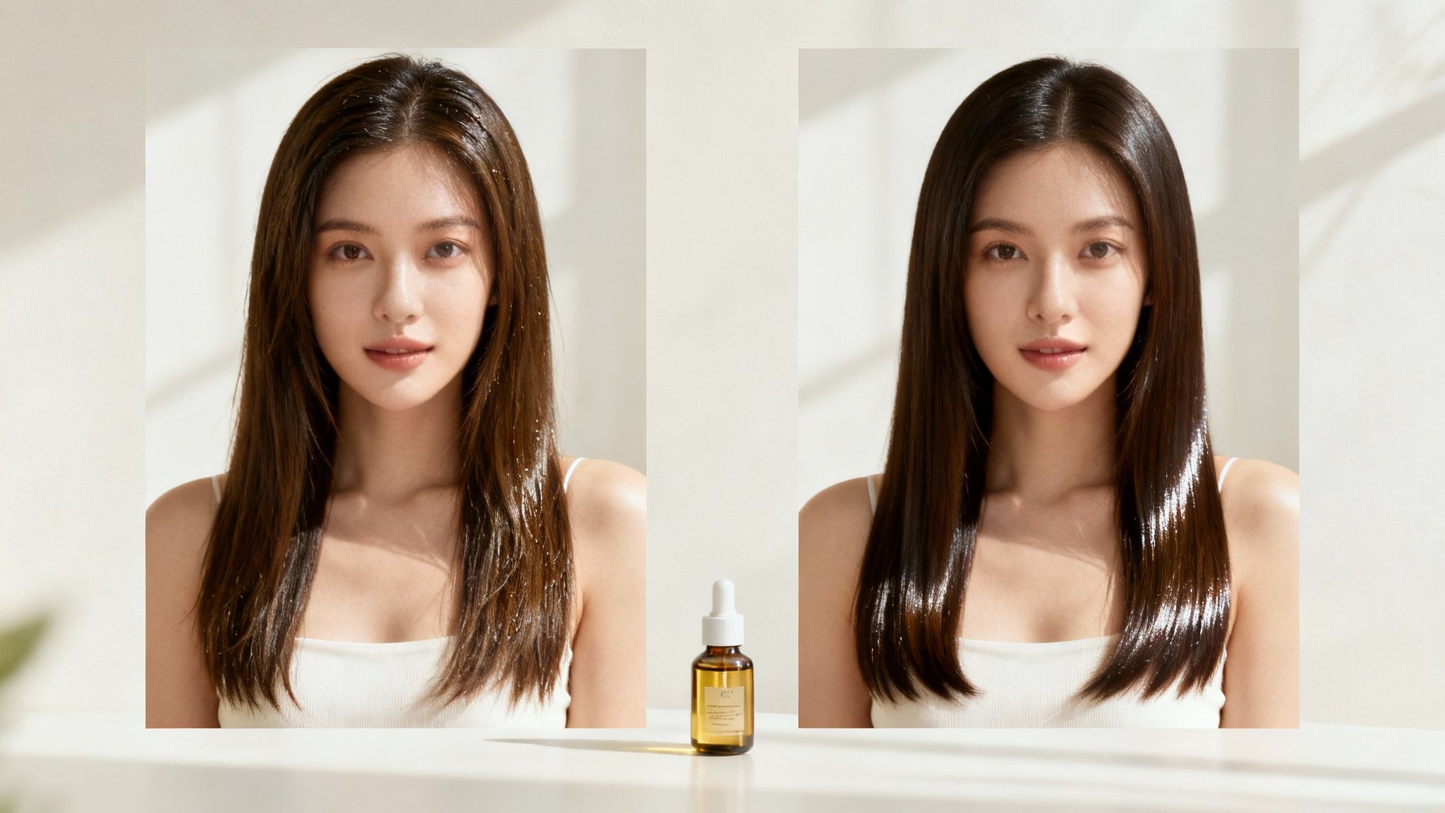 Asian woman's hair before and after applying hair serum, highlighting enhanced shine and smoothness.
