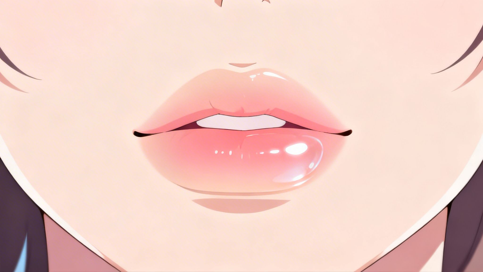 Close-up of vibrant pink anime lips with a wet, glossy finish and subtle highlights.