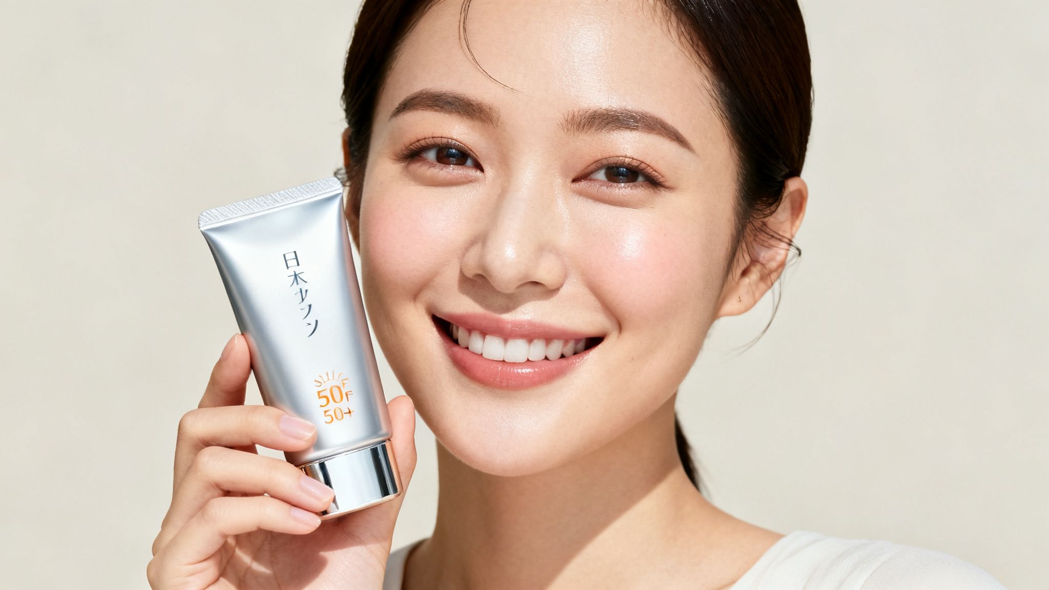 Mulher asiática sorridente com pele radiante segurando um tubo prateado de protetor solar com SPF 50+.