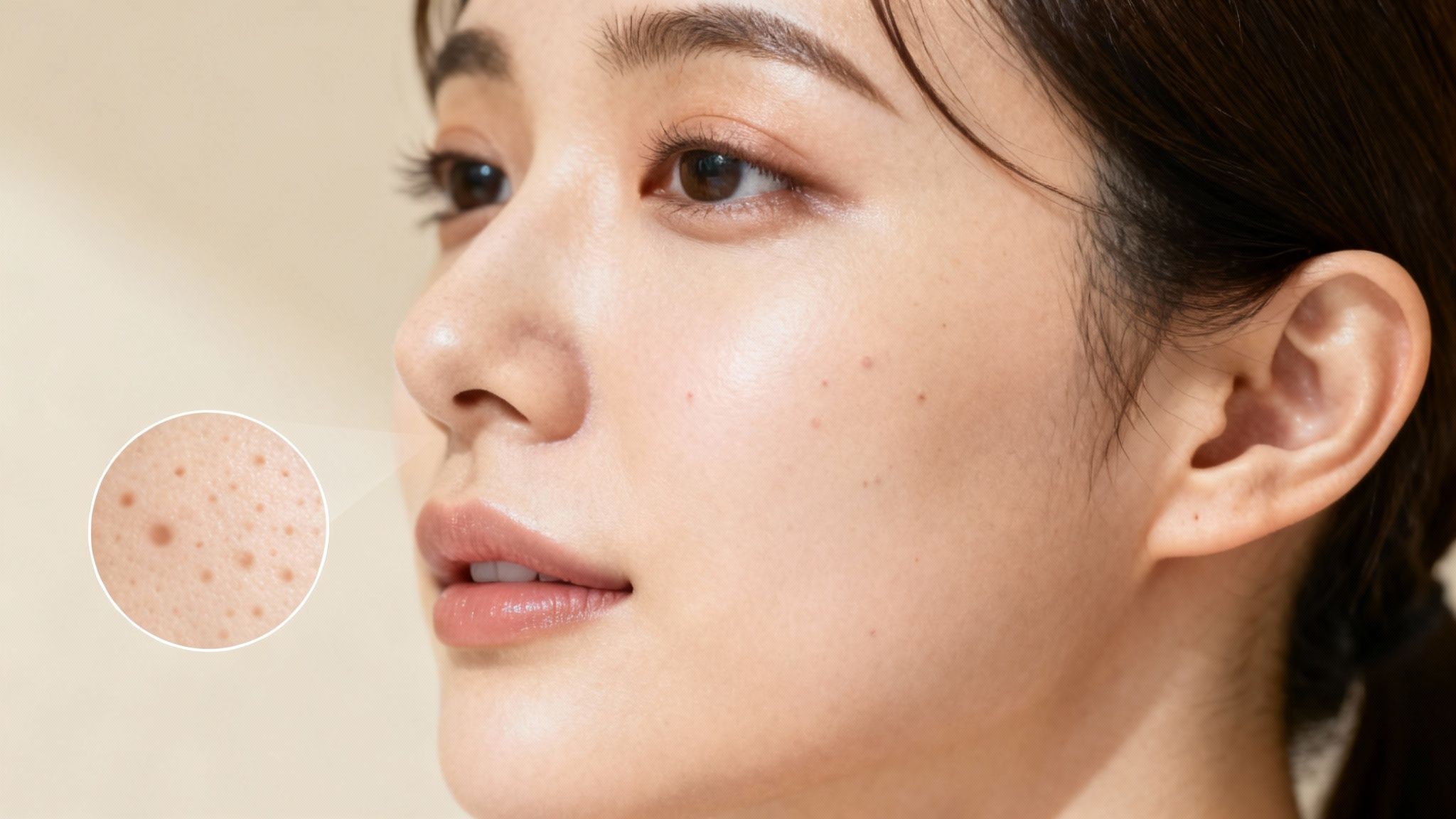 Profile view of a woman's face with an inset highlighting enlarged pores on her skin.