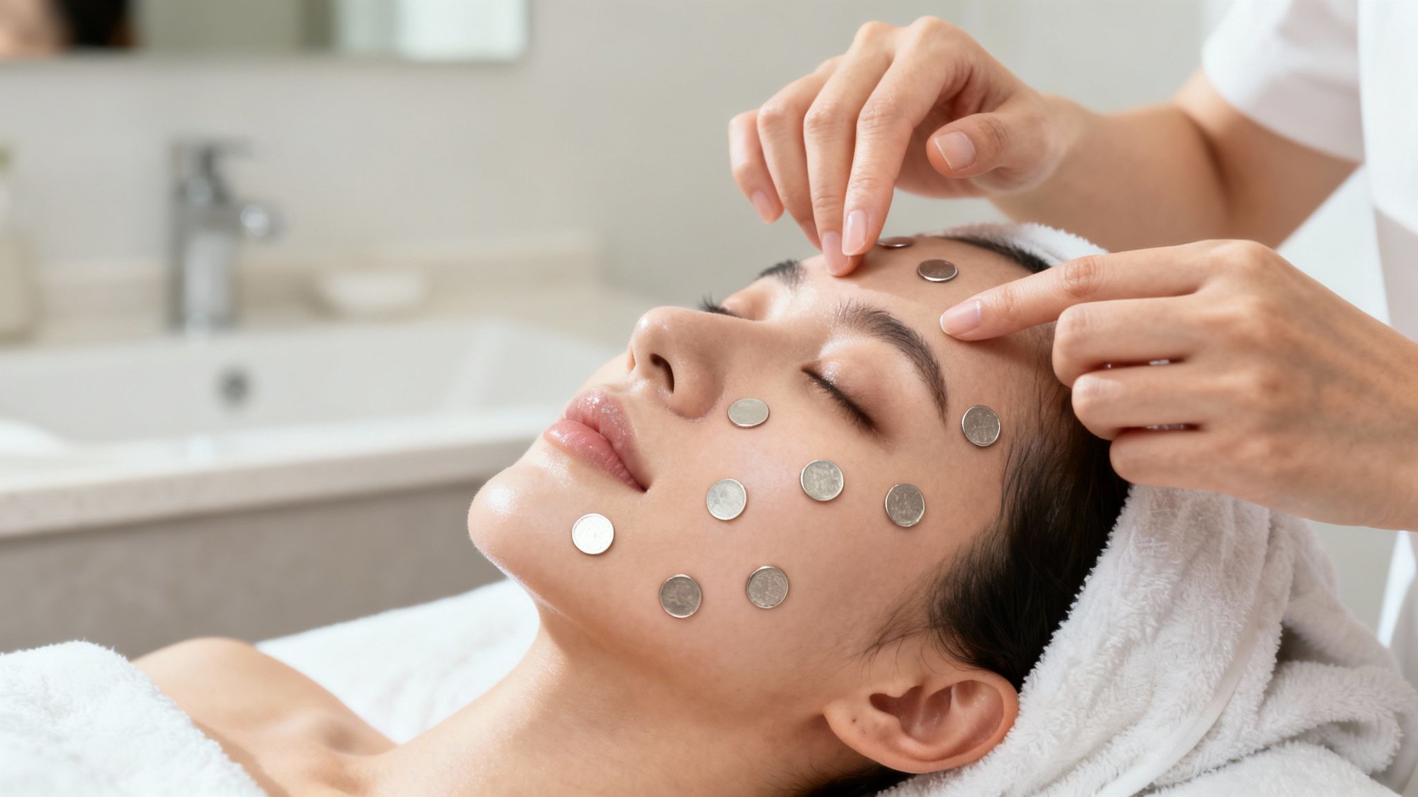 Woman receives a magnetic therapy facial with small silver dots placed on her face in a spa.