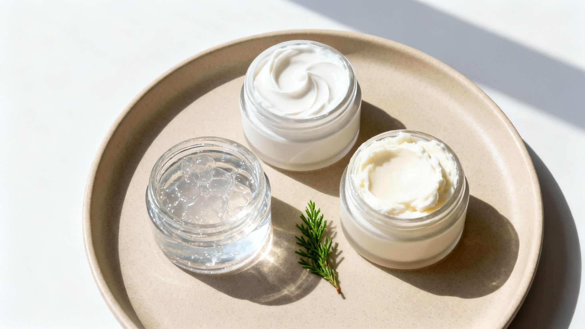 Three jars of natural skincare products, including white cream and clear gel, on a beige plate.